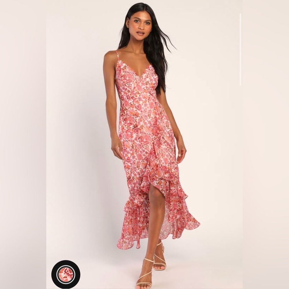 Always Enchanting Pink Floral Metallic Ruffled High-Low Dress